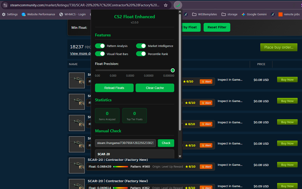 CS2 Float Checker Chrome Extension Interface